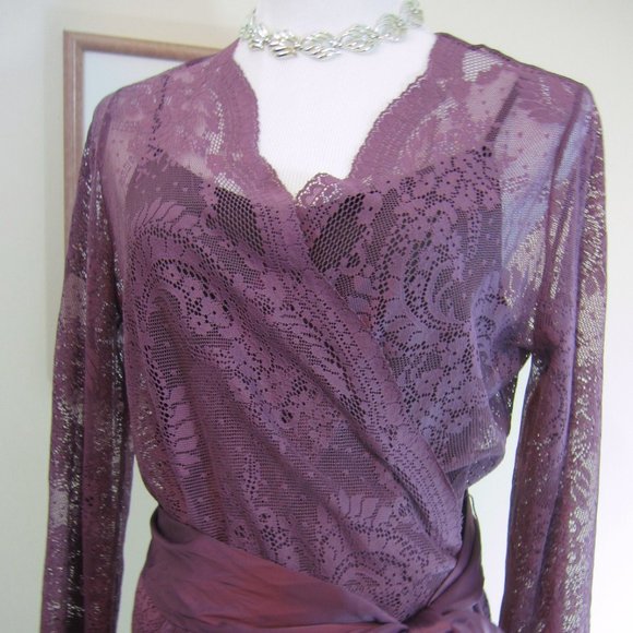 Unknown Tops - Raspberry Lace Wrap Blouse, Satin Belt  Sz L